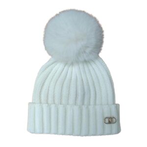 LIU JO Cappello cuffia maglia panna con pompon bianco