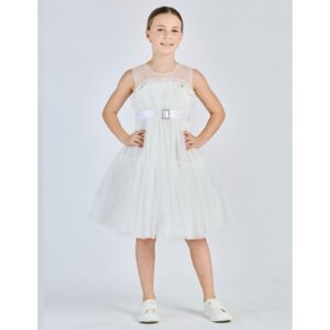 ALICE PI Abito cerimonia bianco latte con rouches e fibbia in vita