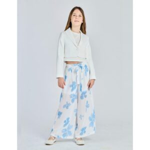 ALICE PI Pantalone bianco fiori azzurri largo con cintura