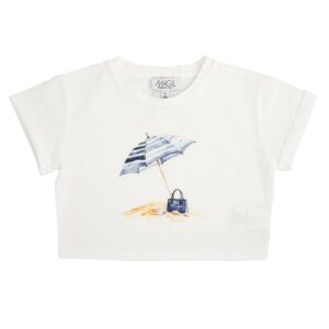 MAGIL T-shirt bianca cropped stampa spiaggia ombrellone MADE IN ITALY